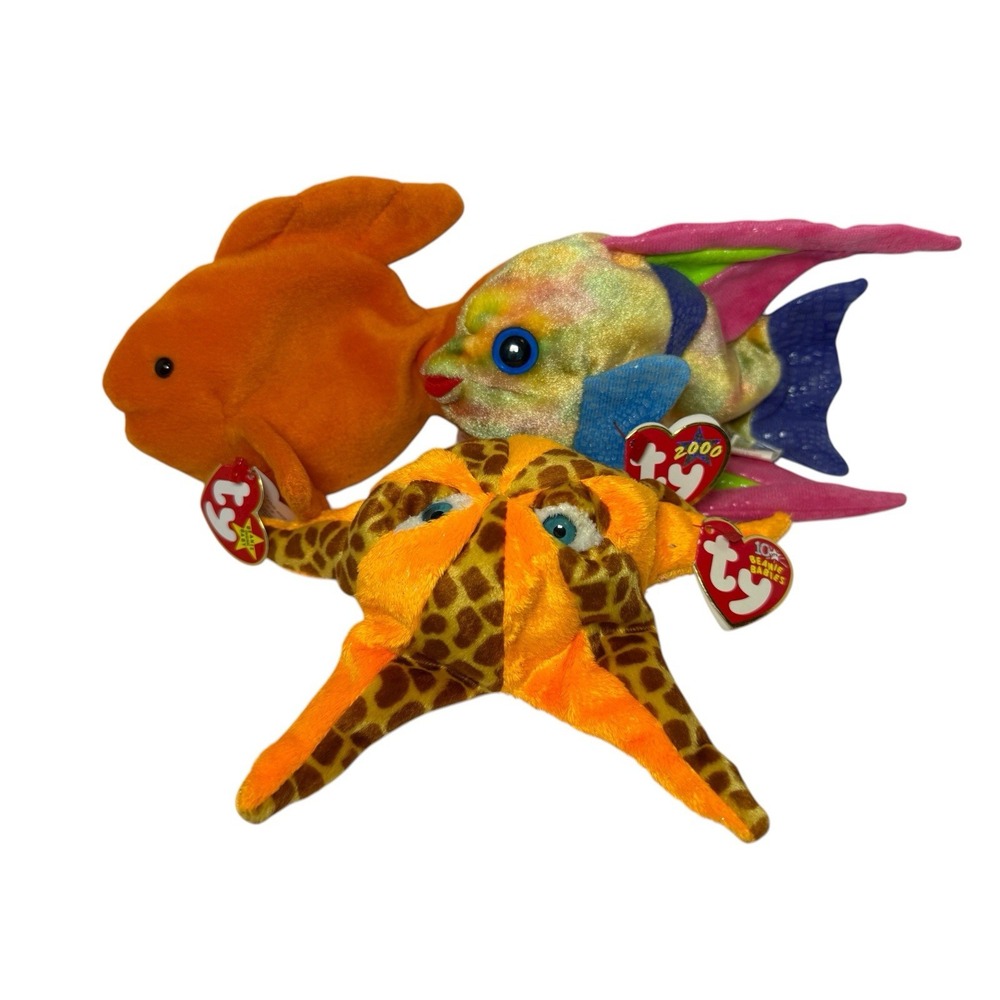 Lot Of 3 TY Beanie Babies WISH, GOLDIE Style 4023, Aruba Fish Saltwater Plush